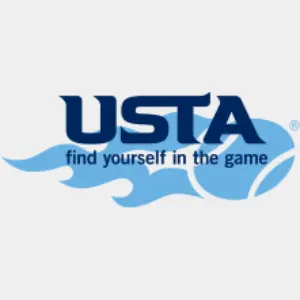 A blue and white logo of usta