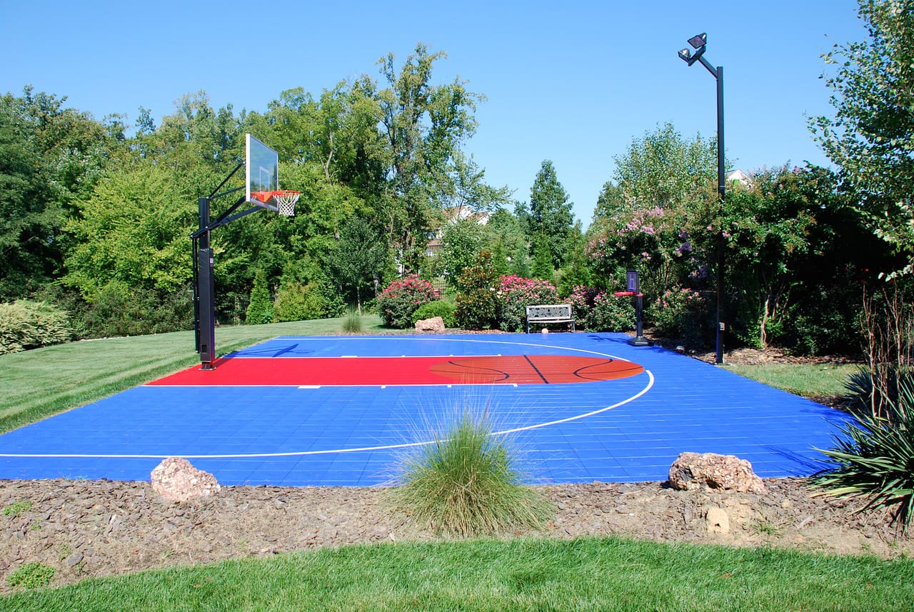 A basketball court with trees and bushes in the background.