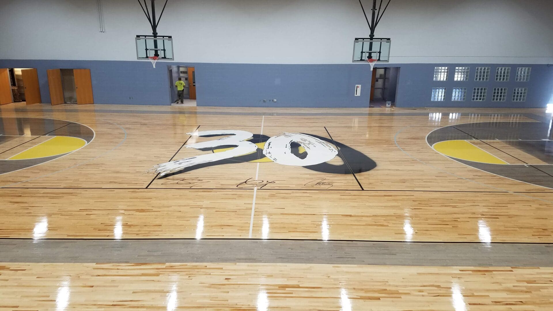 A basketball court with the number 5 0 painted on it.