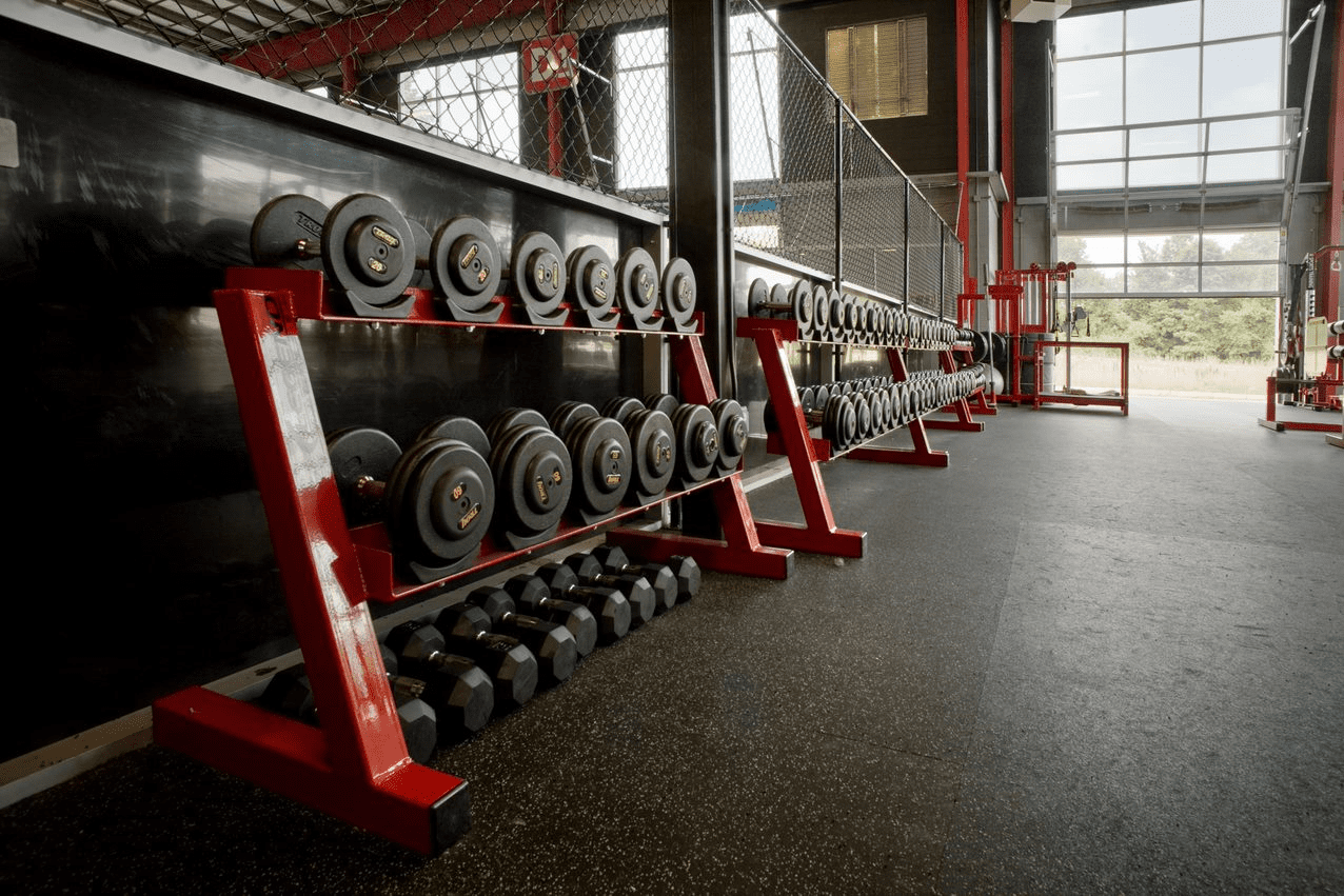 A gym with many different types of dumbbells.